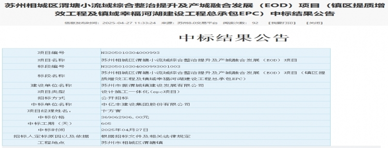 3.69億！蘇州EOD項目中標(biāo)